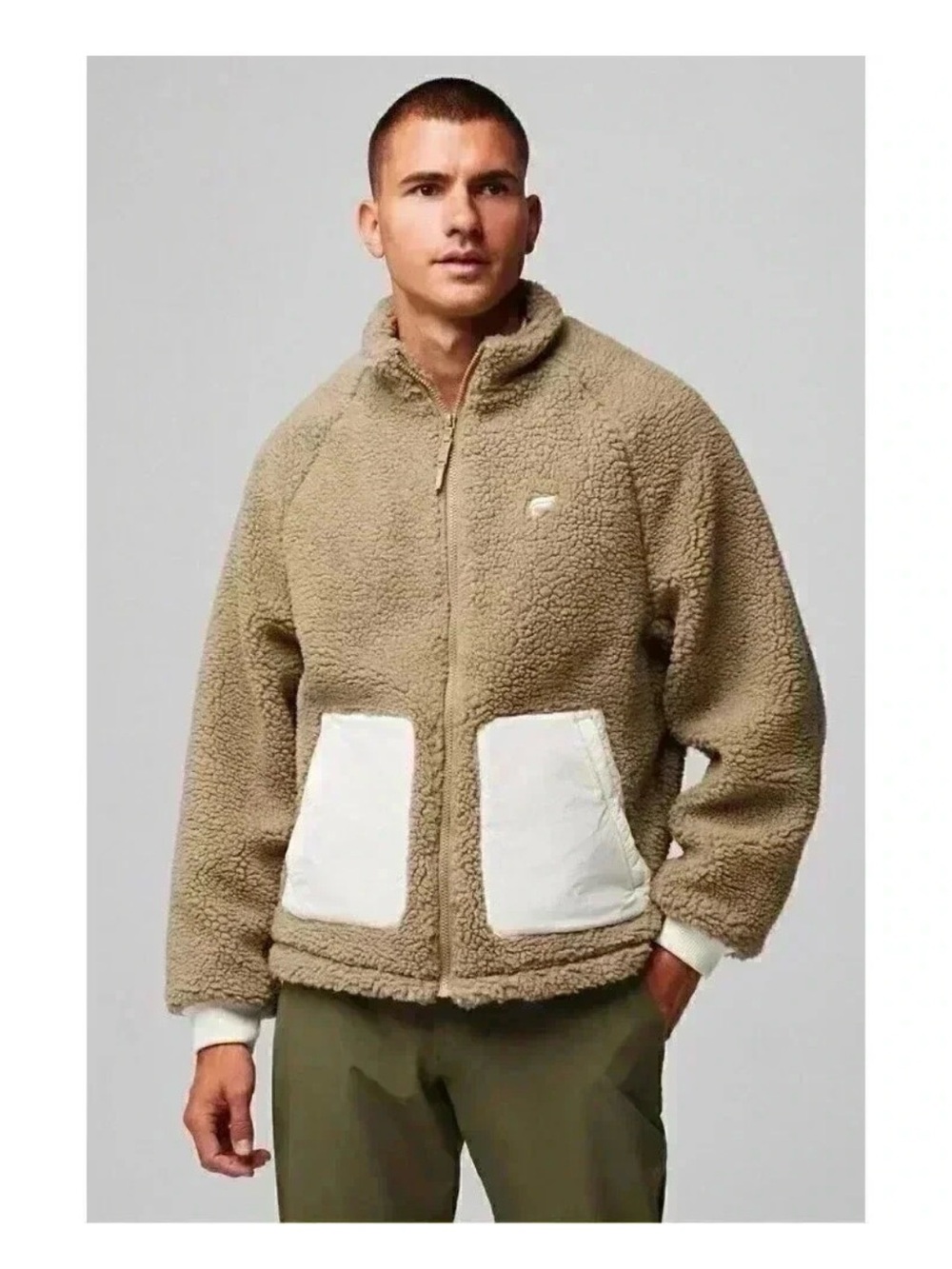 Fabletics Apres Men's Zip-Up Sherpa Jacket in Taupe with Contrast Pockets size L